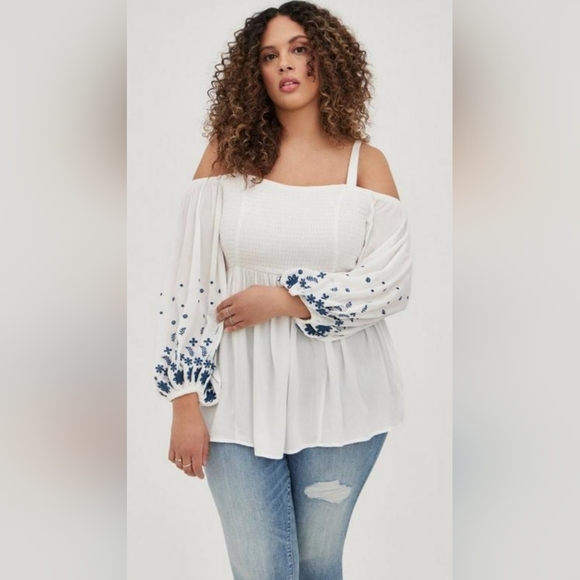 Torrid Tops - Torrid, NWOT, Gauze Embroidered, Smock, Cold Shoulder Top, Size 3X